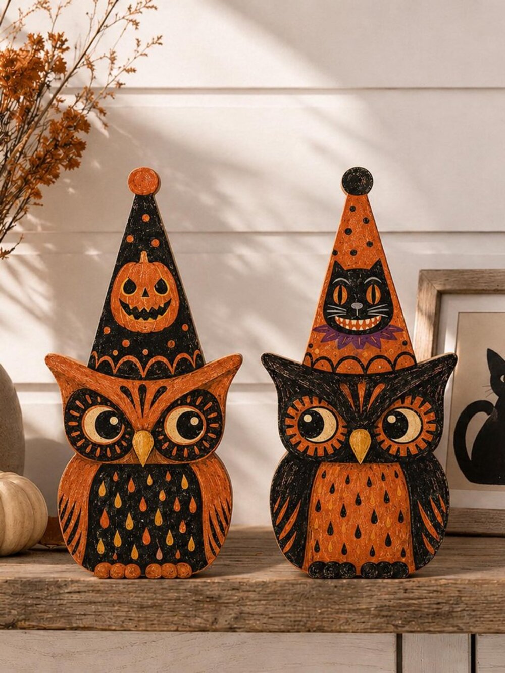 Vintage Halloween Owl Wood Block, Retro Folk Art Owl Decor, Spooky Party Hat